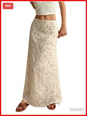 Floral Embroidered Maxi Skirt Low Rise A Line Boho Summer Long Skirt